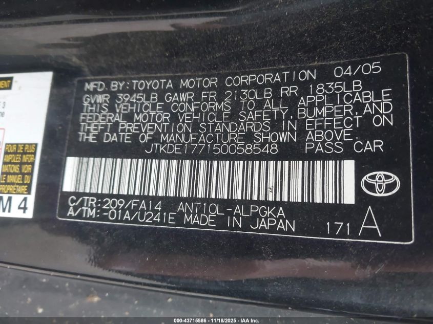 2005 Scion Tc VIN: JTKDE177150058548 Lot: 43715586