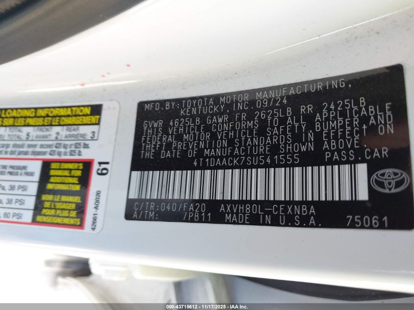 2025 Toyota Camry Le VIN: 4T1DAACK7SU541555 Lot: 43715612