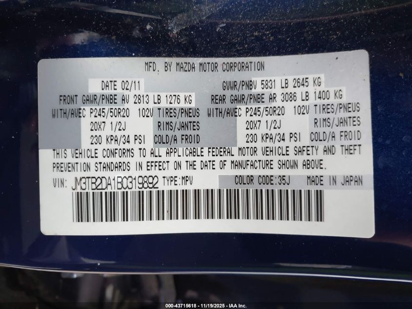 2011 Mazda Cx-9 Grand Touring VIN: JM3TB2DA1B0319892 Lot: 43715618