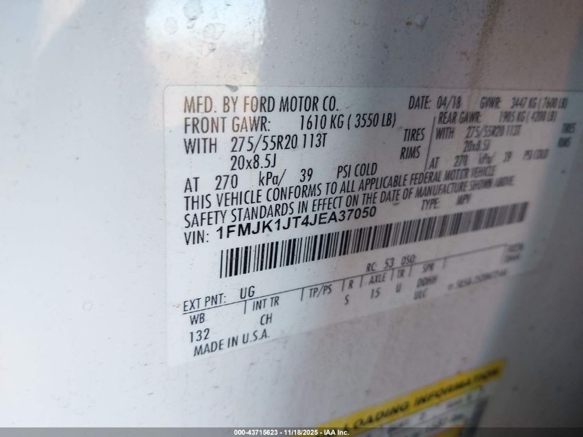 2018 Ford Expedition Max Xlt VIN: 1FMJK1JT4JEA37050 Lot: 43715623