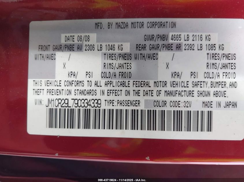 2009 Mazda Mazda5 Sport VIN: JM1CR29L790334339 Lot: 43715624