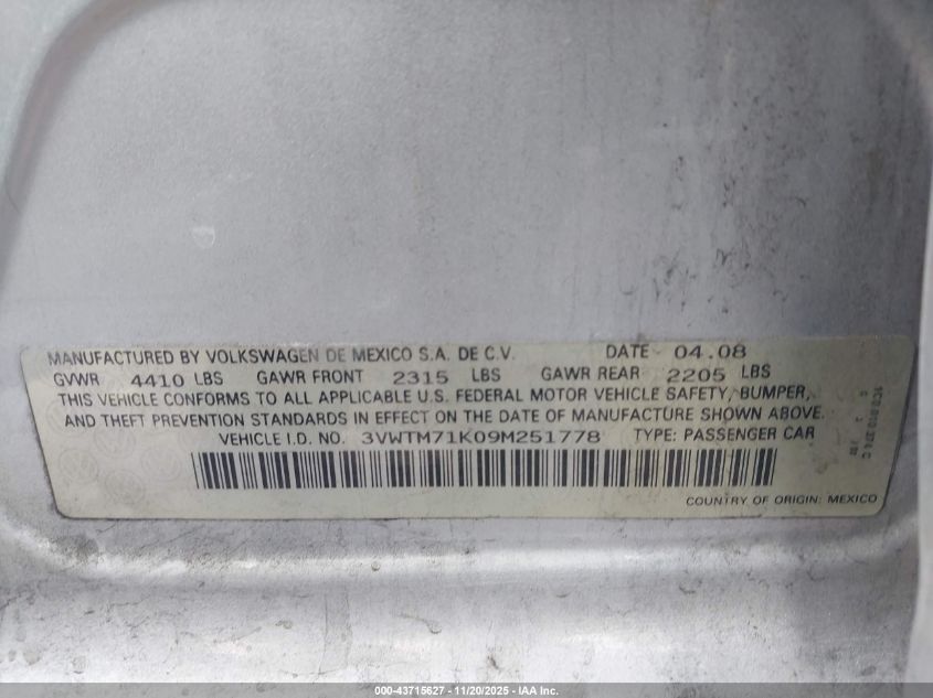 2009 Volkswagen Jetta 2.5L Se VIN: 3VWTM71K09M251778 Lot: 43715627