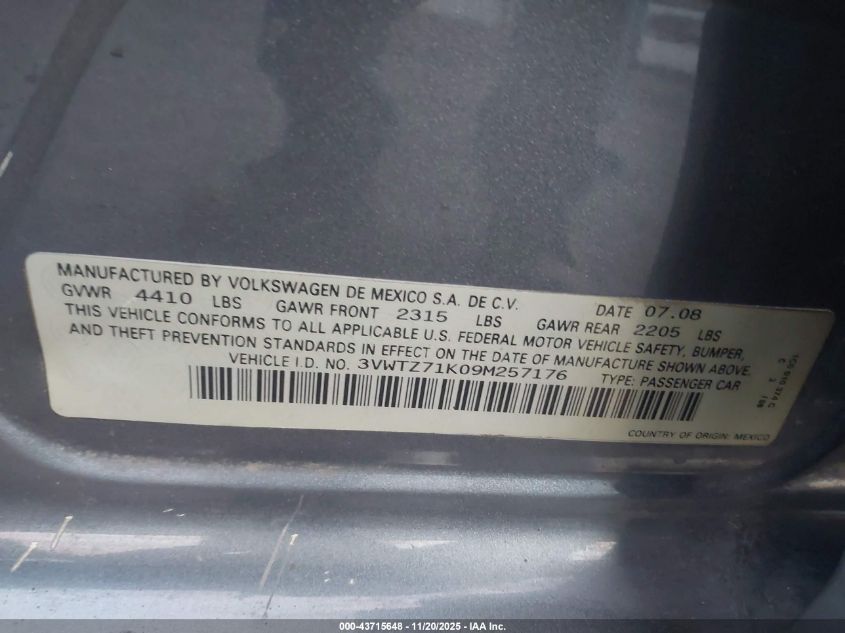 2009 Volkswagen Jetta 2.5L Se VIN: 3VWTZ71K09M257176 Lot: 43715648