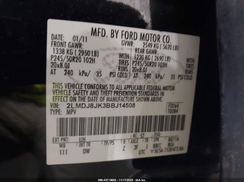 2011 Lincoln Mkx VIN: 2LMDJ8JK3BBJ14508 Lot: 43715652
