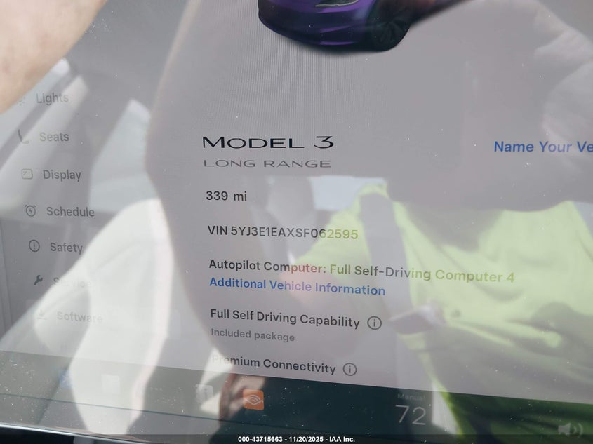 2025 Tesla Model 3 Long Range Rear-Wheel Drive VIN: 5YJ3E1EAXSF062595 Lot: 43715663