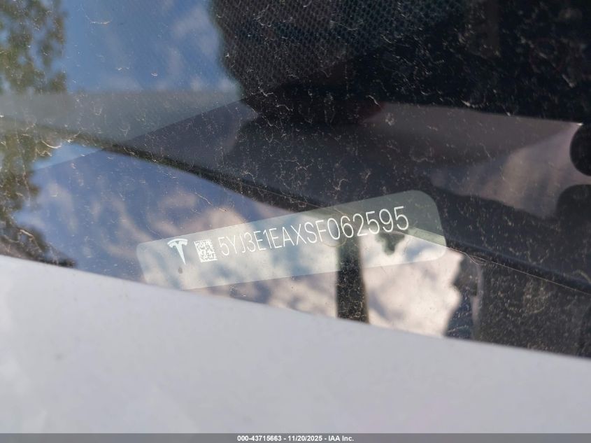 2025 Tesla Model 3 Long Range Rear-Wheel Drive VIN: 5YJ3E1EAXSF062595 Lot: 43715663