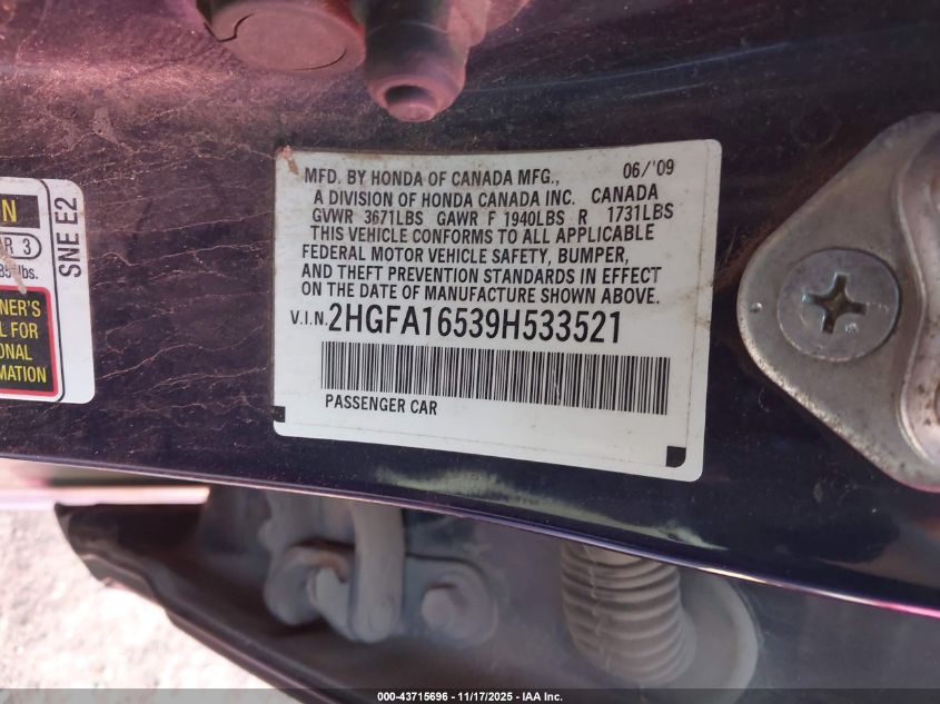 2009 Honda Civic Lx VIN: 2HGFA16539H533521 Lot: 43715696