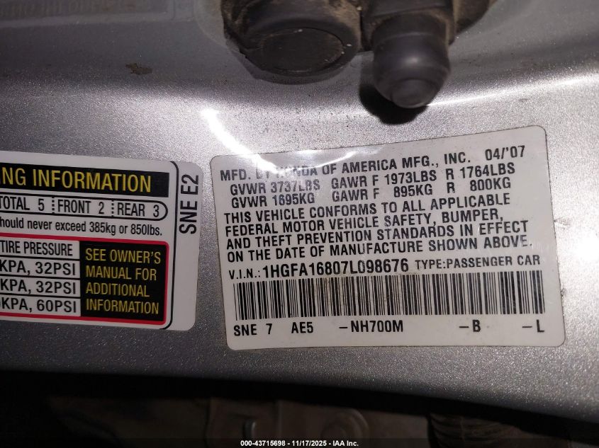 2007 Honda Civic Ex VIN: 1HGFA16807L098676 Lot: 43715698
