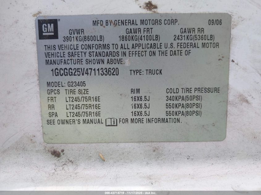 2007 Chevrolet Express Work Van VIN: 1GCGG25V471133620 Lot: 43715719