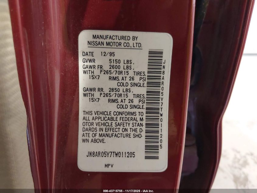 1996 Nissan Pathfinder Le/Se/Xe VIN: JN8AR05Y7TW011205 Lot: 43715755