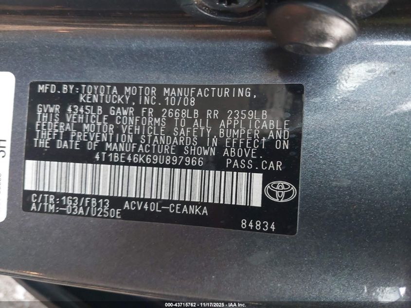 2009 Toyota Camry Le VIN: 4T1BE46K69U897966 Lot: 43715762