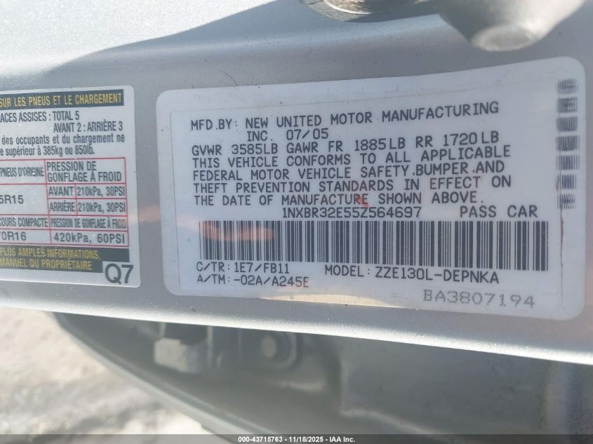 2005 Toyota Corolla Le VIN: 1NXBR32E55Z564697 Lot: 43715763