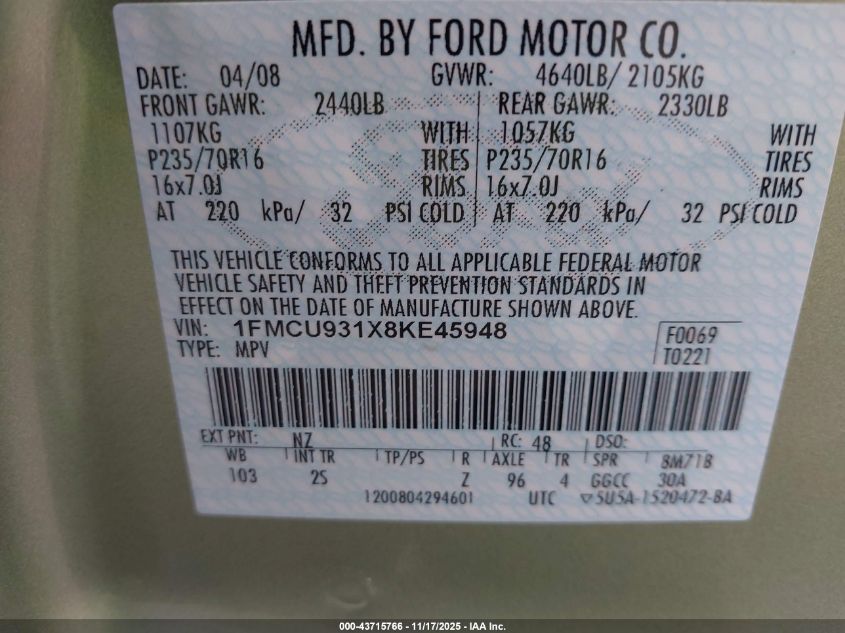2008 Ford Escape Xlt VIN: 1FMCU931X8KE45948 Lot: 43715766