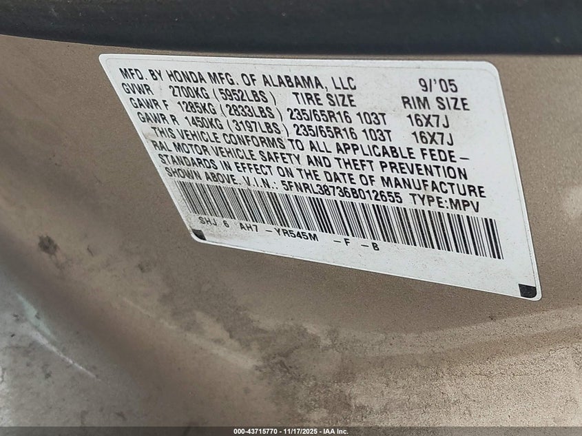 2006 Honda Odyssey Ex-L VIN: 5FNRL38736B012655 Lot: 43715770