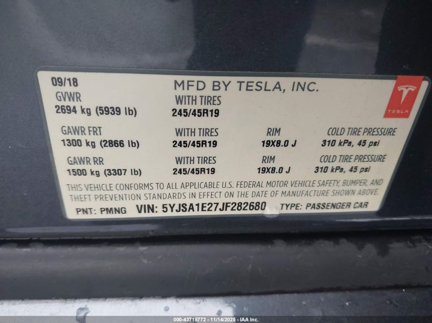 2018 Tesla Model S 100D/75D/P100D VIN: 5YJSA1E27JF282680 Lot: 43715772