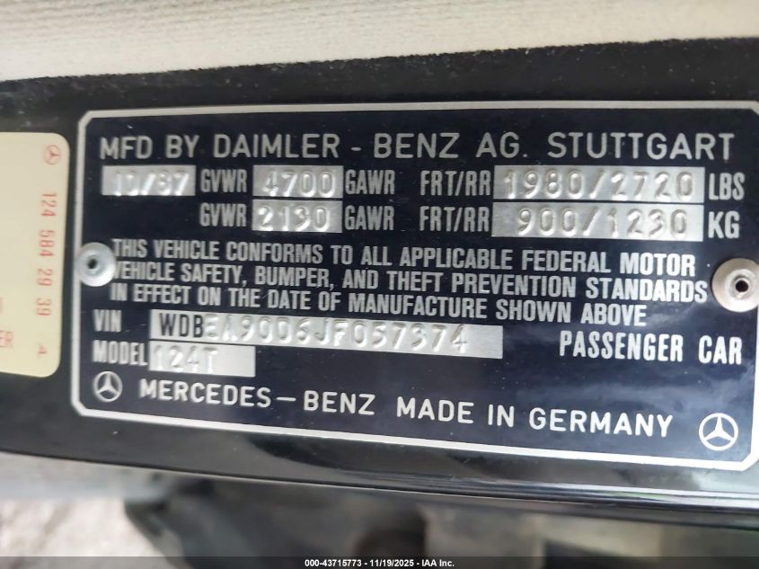 1988 Mercedes-Benz 300 Te VIN: WDBEA90D6JF057374 Lot: 43715773