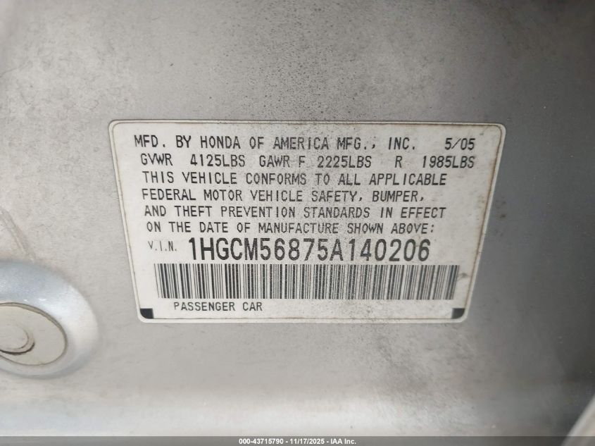 2005 Honda Accord 2.4 Ex VIN: 1HGCM56875A140206 Lot: 43715790