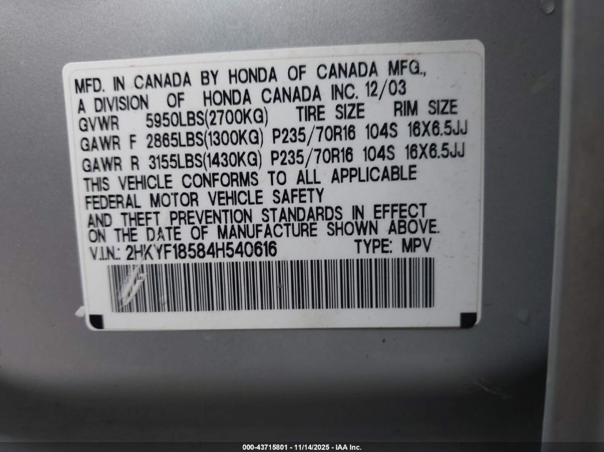 2004 Honda Pilot Ex-L VIN: 2HKYF18584H540616 Lot: 43715801