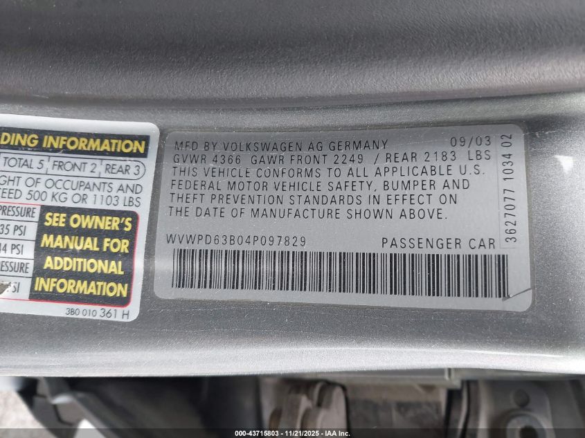 2004 Volkswagen Passat Gls VIN: WVWPD63B04P097829 Lot: 43715803