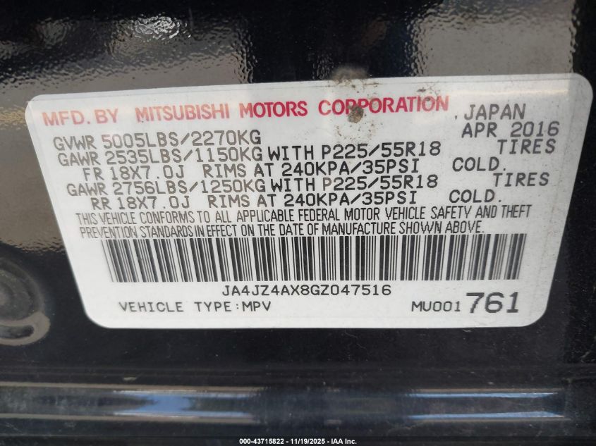 2016 Mitsubishi Outlander Gt VIN: JA4JZ4AX8GZ047516 Lot: 43715822