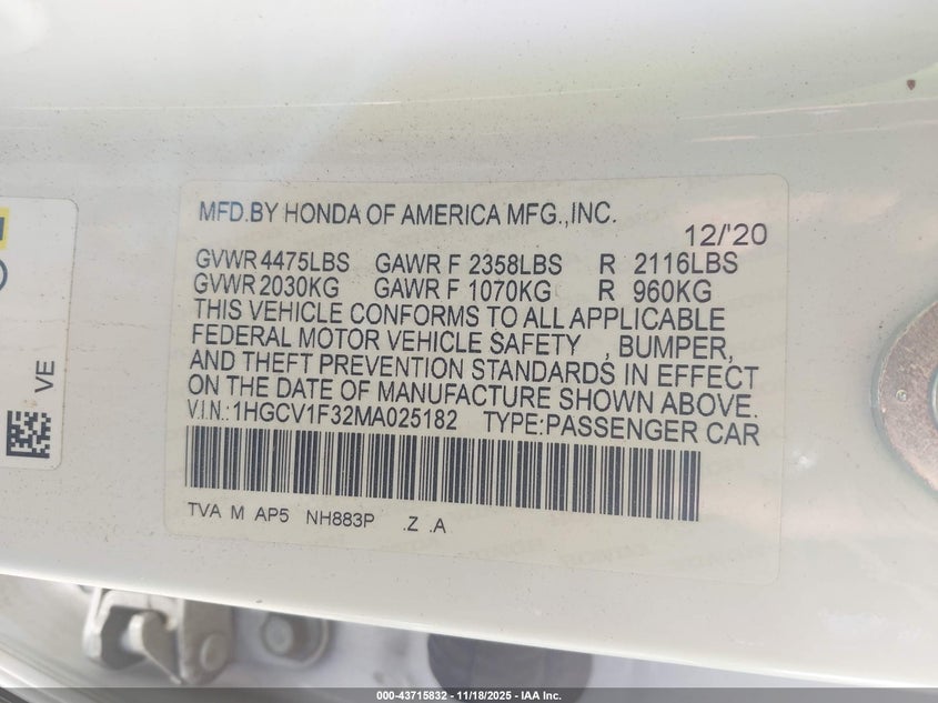 2021 Honda Accord Sport VIN: 1HGCV1F32MA025182 Lot: 43715832