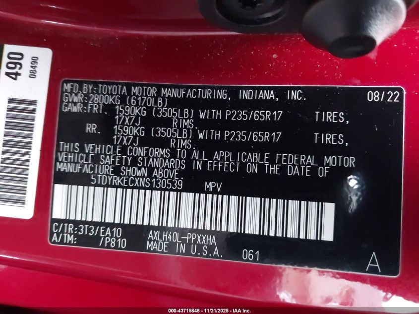 2022 Toyota Sienna Xle VIN: 5TDYRKECXNS130539 Lot: 43715846