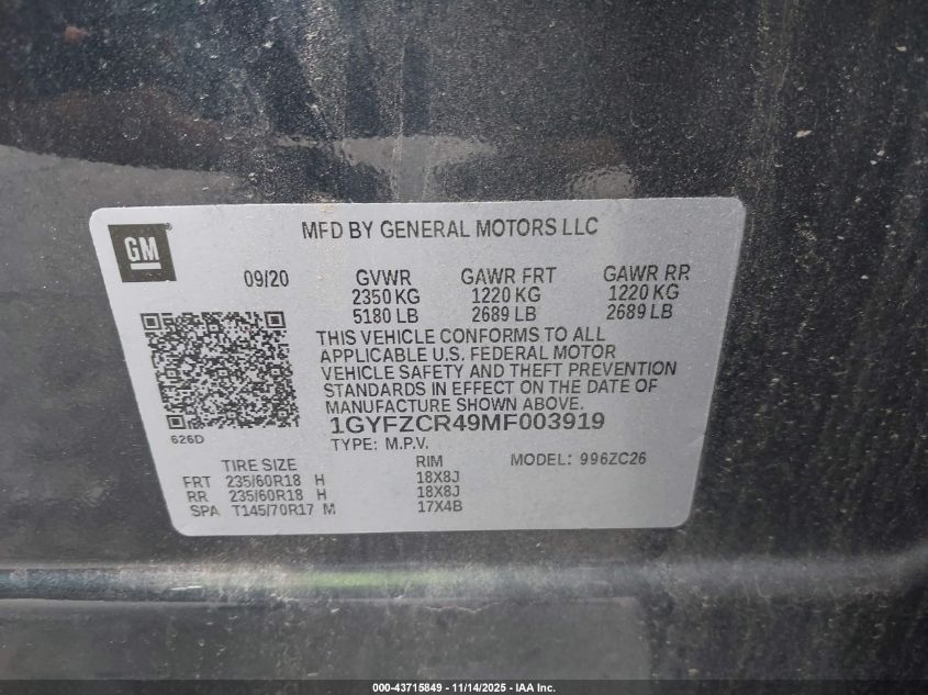 2021 Cadillac Xt4 Premium Luxury VIN: 1GYFZCR49MF003919 Lot: 43715849