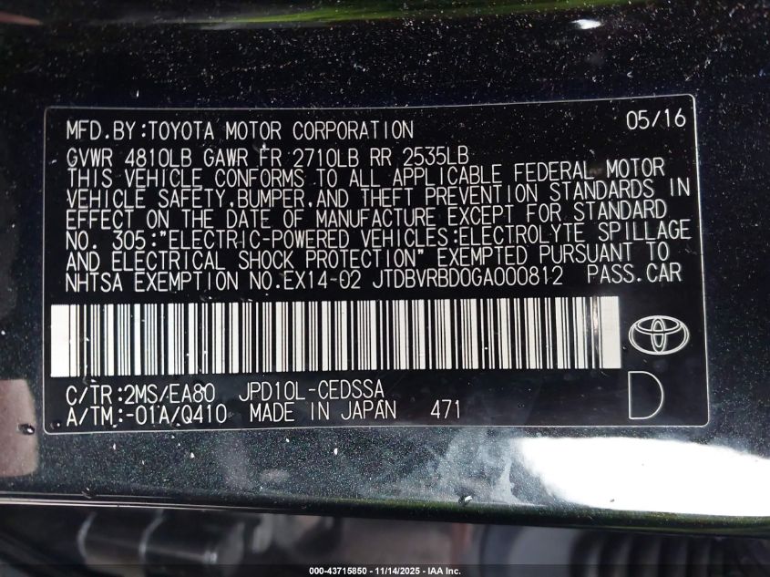 2016 Toyota Mirai VIN: JTDBVRBD0GA000812 Lot: 43715850