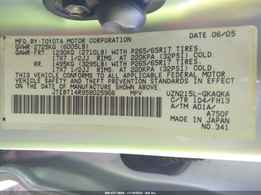 2005 Toyota 4Runner Sr5 Sport V8 VIN: JTEBT14R958025966 Lot: 43715854