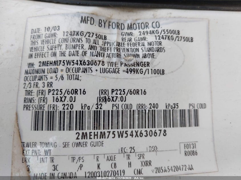 2004 Mercury Grand Marquis Ls VIN: 2MEHM75W54X630678 Lot: 43715874