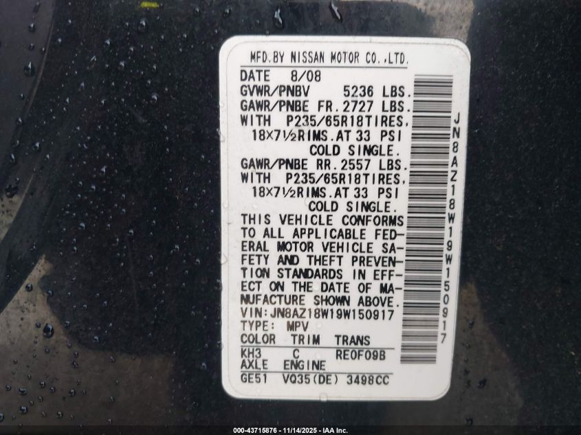 2009 Nissan Murano S VIN: JN8AZ18W19W150917 Lot: 43715876