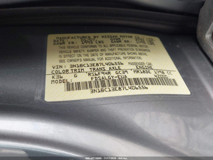 2007 Nissan Versa 1.8Sl VIN: 3N1BC13E87L406556 Lot: 43715885