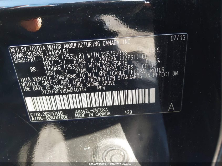 2013 Toyota Rav4 Limited VIN: 2T3YFREV8DW040144 Lot: 43715889