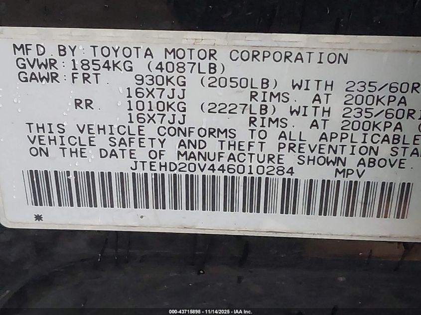 2004 Toyota Rav4 VIN: JTEHD20V446010284 Lot: 43715898