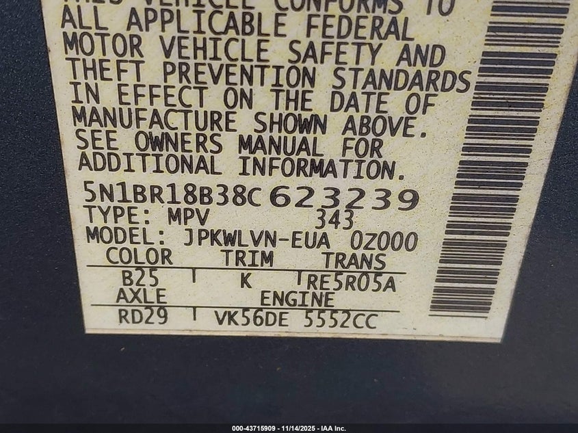 2008 Nissan Pathfinder Le V8 VIN: 5N1BR18B38C623239 Lot: 43715909