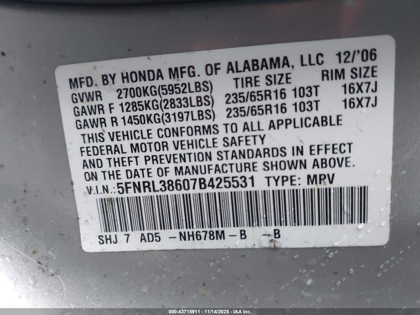 2007 Honda Odyssey Ex-L VIN: 5FNRL38607B425531 Lot: 43715911