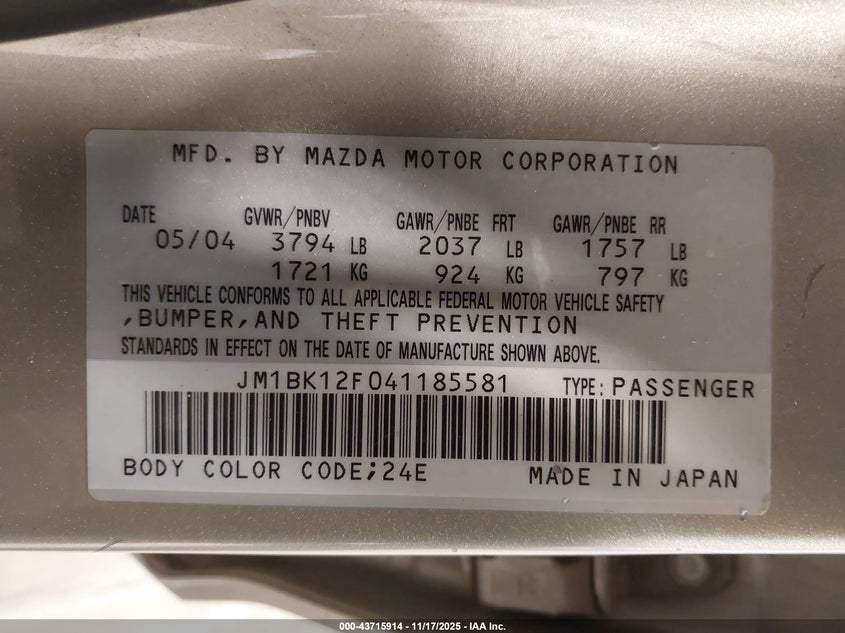 2004 Mazda Mazda3 I VIN: JM1BK12F041185581 Lot: 43715914