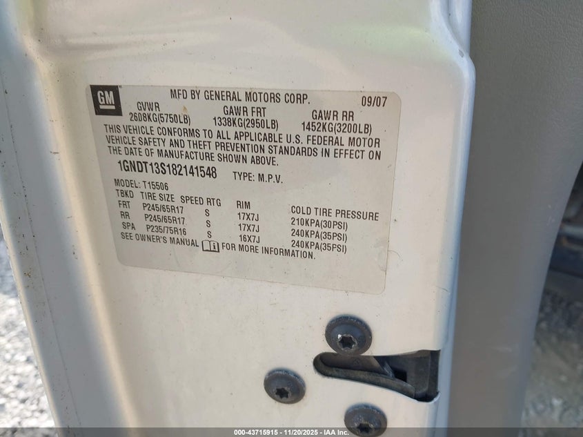 2008 Chevrolet Trailblazer Lt VIN: 1GNDT13S182141548 Lot: 43715915