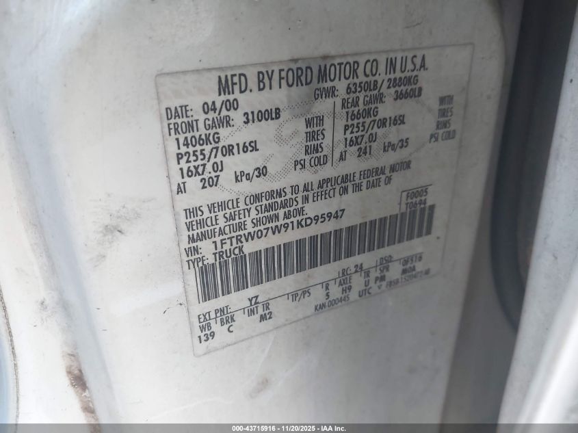 2001 Ford F-150 Harley-Davidson Edition/King Ranch Edition/Lariat/Xlt VIN: 1FTRW07W91KD95947 Lot: 43715916