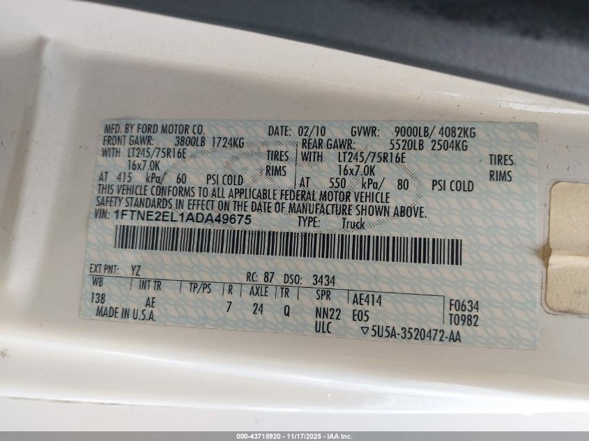 2010 Ford E-250 Commercial/Recreational VIN: 1FTNE2EL1ADA49675 Lot: 43715920