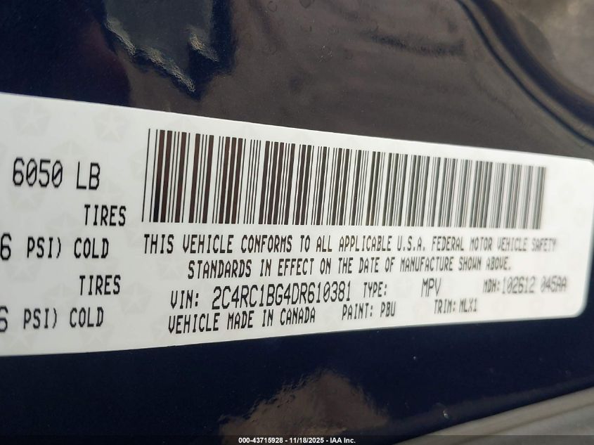 2013 Chrysler Town & Country Touring VIN: 2C4RC1BG4DR610381 Lot: 43715928