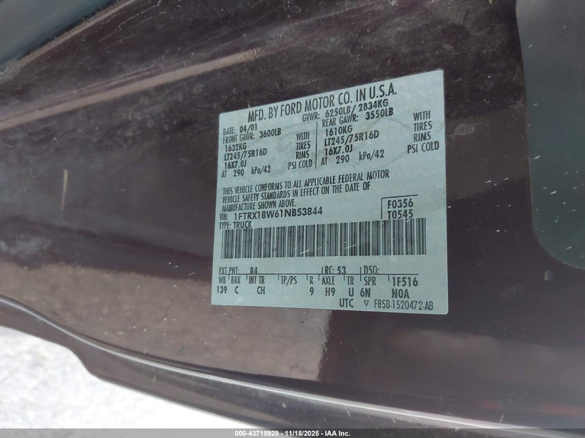 2001 Ford F-150 Lariat/Xl/Xlt VIN: 1FTRX18W61NB53844 Lot: 43715929