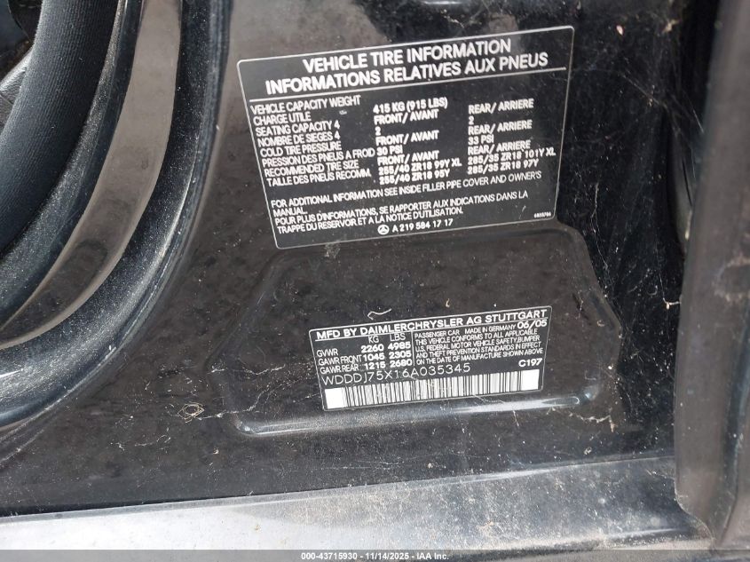 2006 Mercedes-Benz Cls 500 VIN: WDDDJ75X16A035345 Lot: 43715930