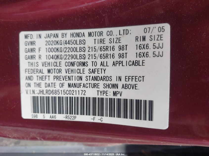 2005 Honda Cr-V Lx VIN: JHLRD68515C021172 Lot: 43715932