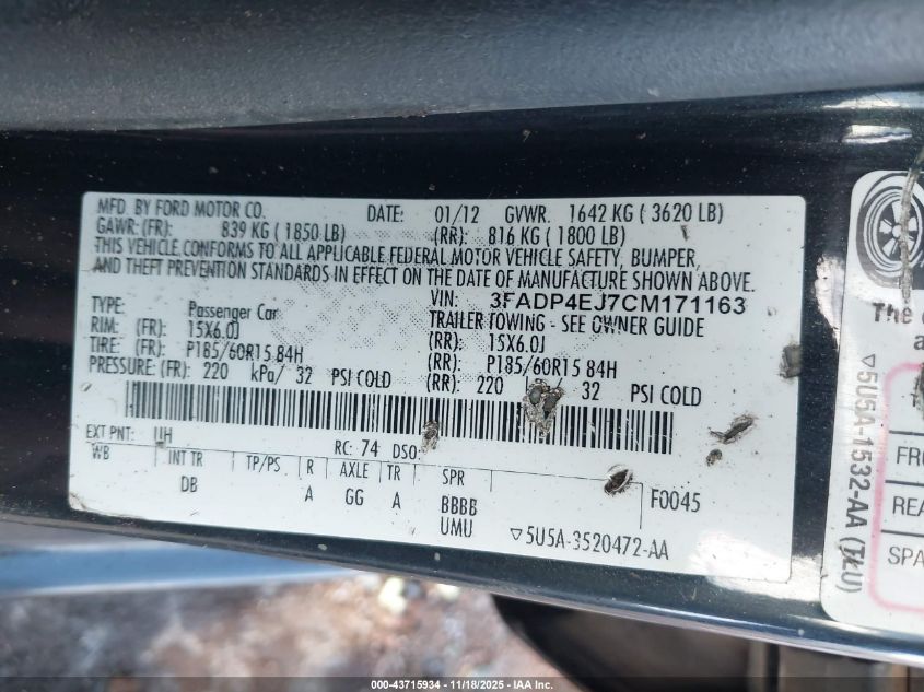 2012 Ford Fiesta Se VIN: 3FADP4EJ7CM171163 Lot: 43715934