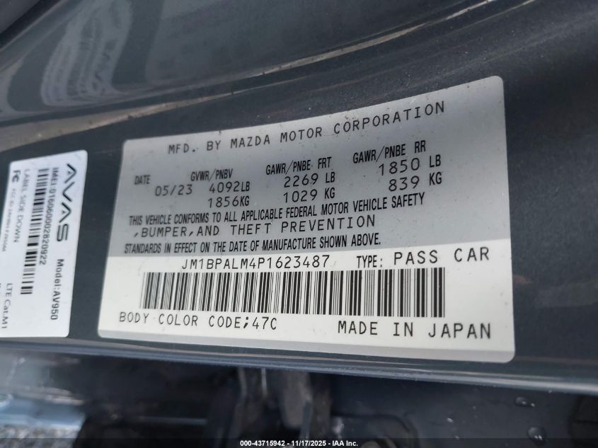 2023 Mazda Mazda3 2.5 S Carbon Edition VIN: JM1BPALM4P1623487 Lot: 43715942