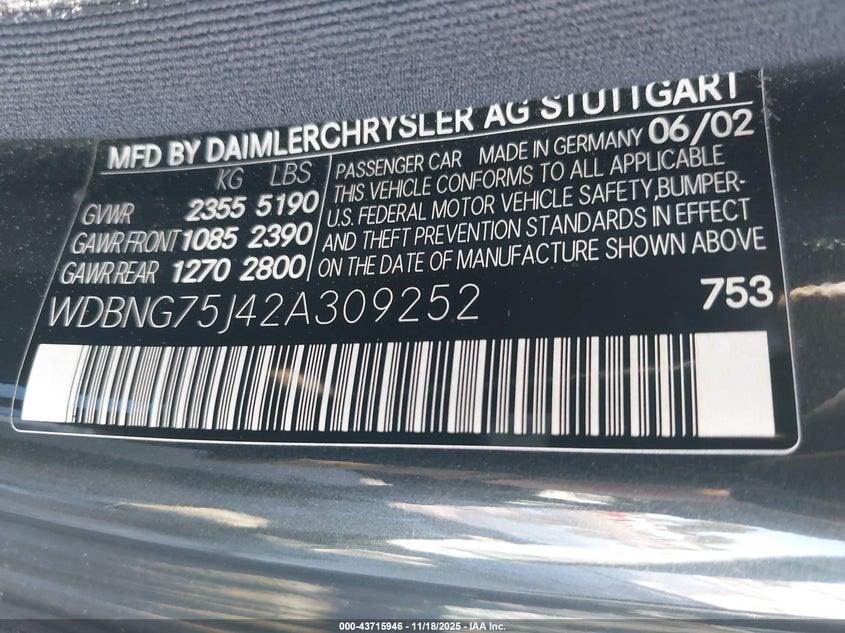 2002 Mercedes-Benz S 500 VIN: WDBNG75J42A309252 Lot: 43715946