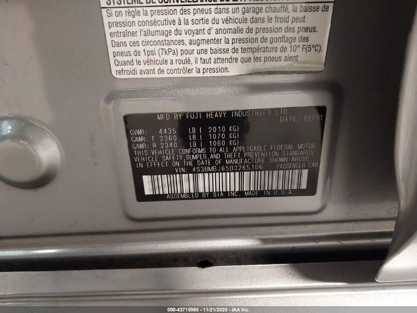 2011 Subaru Legacy 2.5I Limited VIN: 4S3BMBJ65B3265106 Lot: 43715960