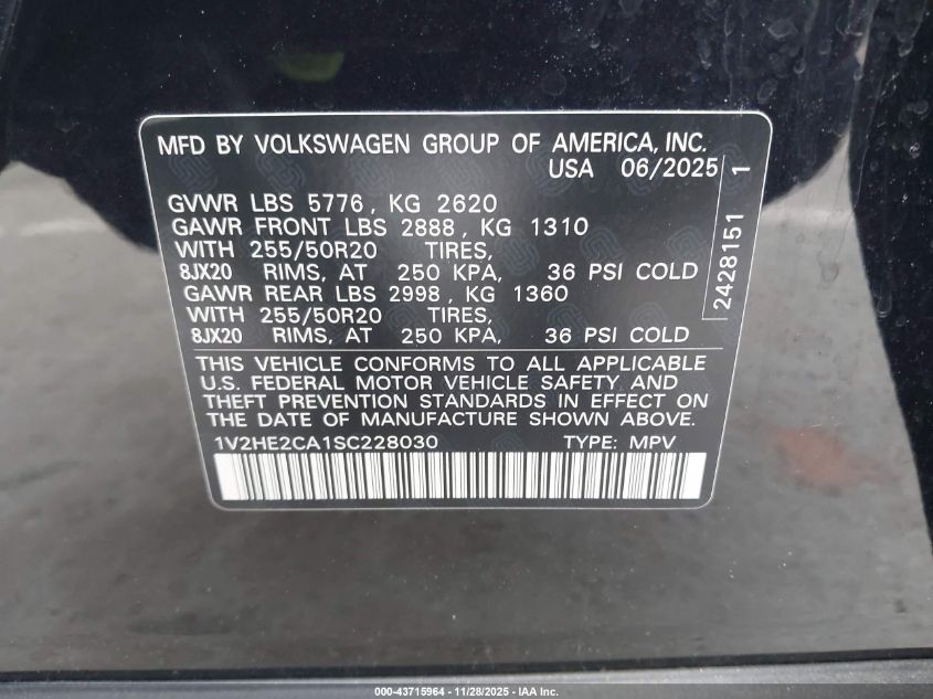2025 Volkswagen Atlas Cross Sport 2.0T Se W/Technology VIN: 1V2HE2CA1SC228030 Lot: 43715964