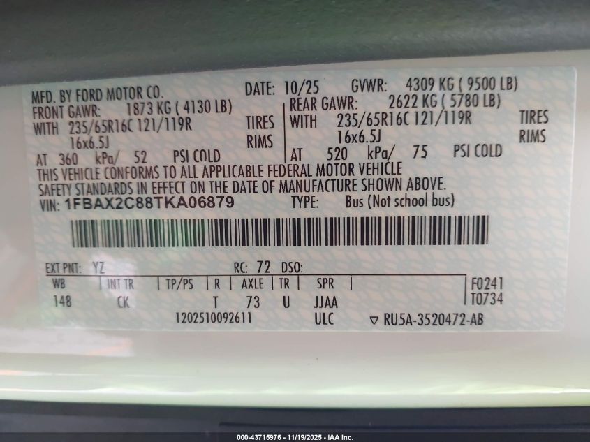 2026 Ford Transit-350 Passenger Van Xlt VIN: 1FBAX2C88TKA06879 Lot: 43715976